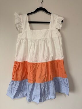 NEW - Color Block White Orange Blue Tiered Mini Dress Beachy Vibe